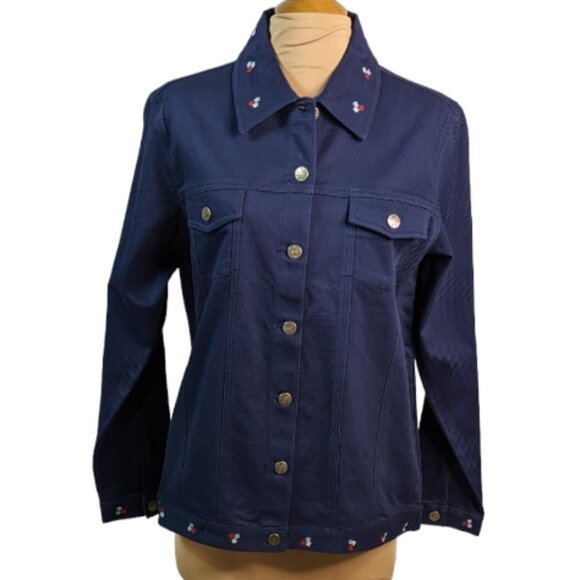 DENIM & CO Embroidered Cotton Stretch Long Sleeve Jacket Navy Size Medium - Picture 1 of 15